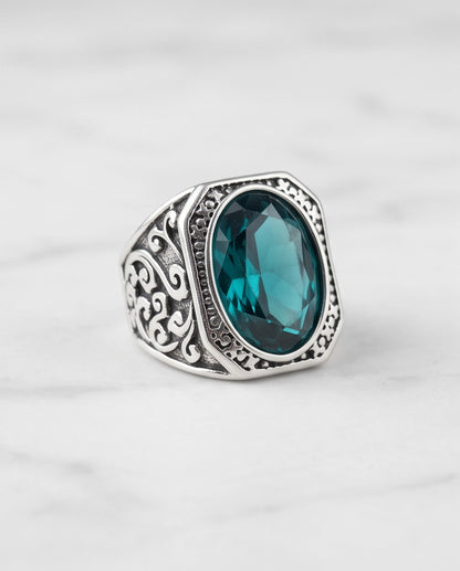 Teal Gemstone Octagonal Bezel Scrollwork Silver Ring