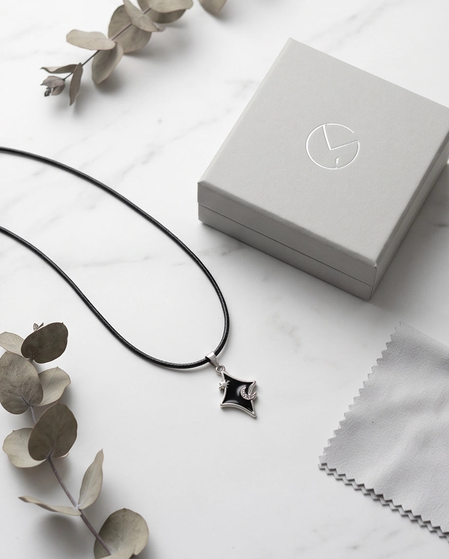 Celestial Black Starburst Moon Pendant Necklace