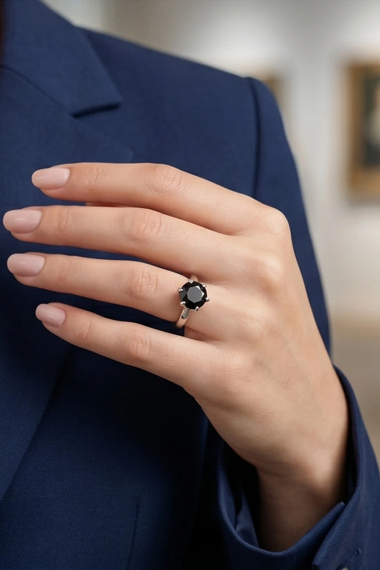 Sterling Silver Round-Cut High Crown Black Solitaire Ring