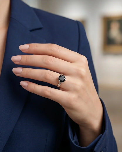 Sterling Silver Round-Cut High Crown Black Solitaire Ring