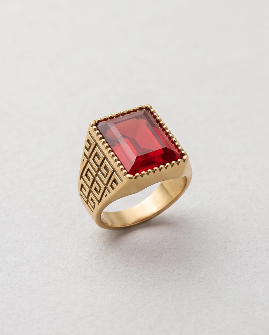 Ruby Red Emerald-Cut Gemstone Beaded Bezel Greek Key Gold Ring