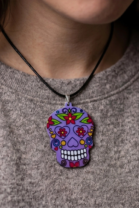 Vibrant Purple Sugar Skull Día de los Muertos Pendant Necklace