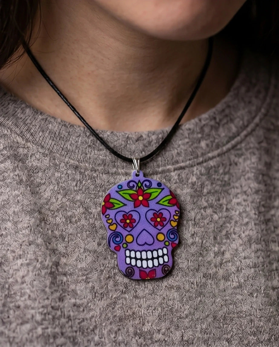 Vibrant Purple Sugar Skull Día de los Muertos Pendant Necklace