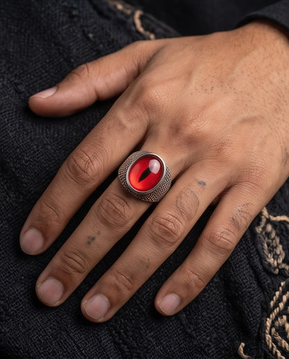 Ruby Slit-Pupil Mesh Silver Ring