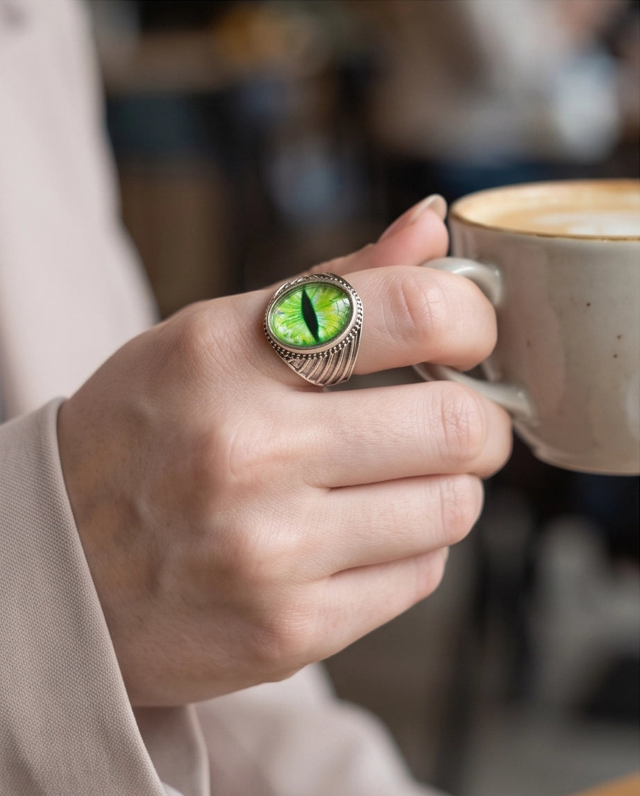 Emerald Serpent Eye Beaded Silver Ring