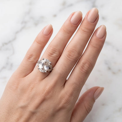 Silver Oval Clear Quartz Vintage Solitaire Ring