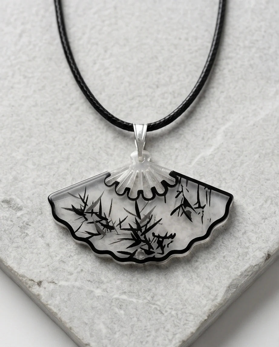 Artistic Bamboo Fan Pendant Necklace
