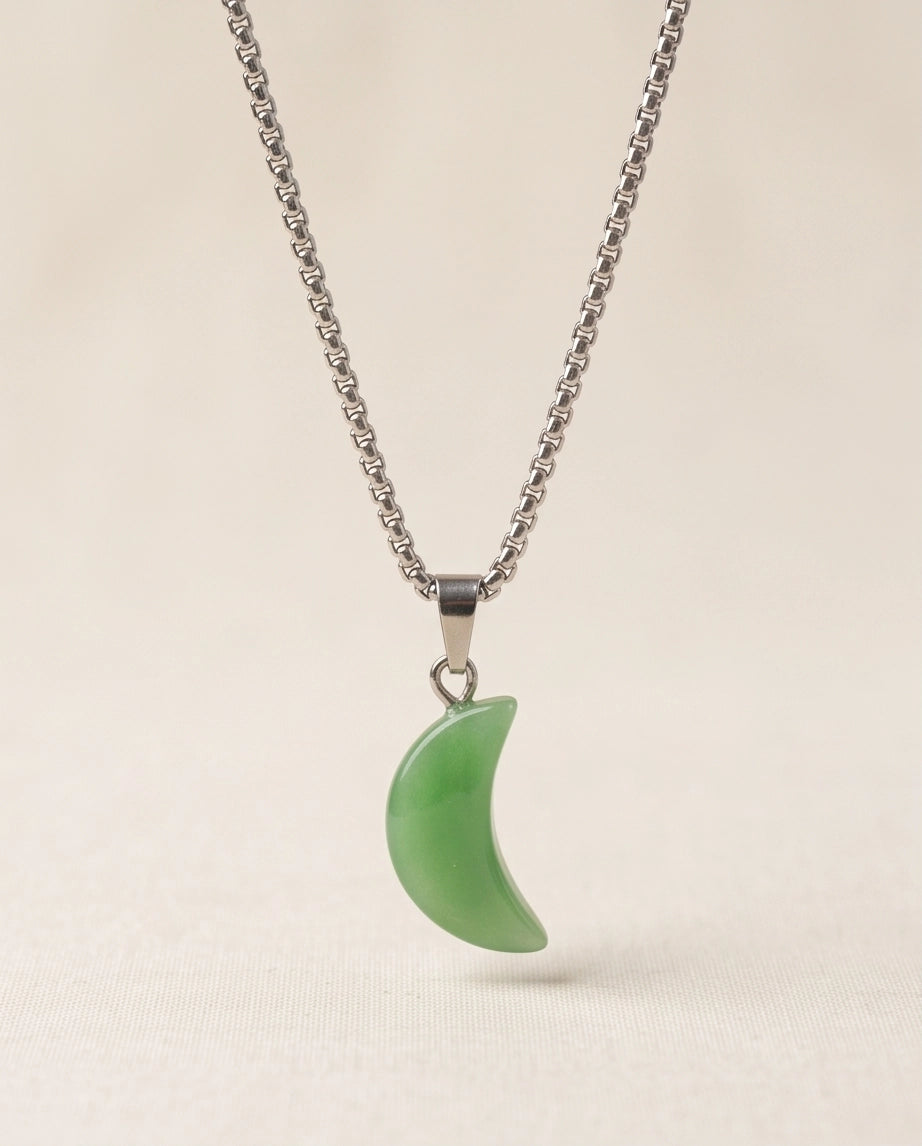 Silver Jade Green Crescent Moon Pendant Necklace