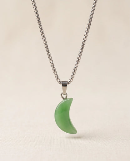 Silver Jade Green Crescent Moon Pendant Necklace