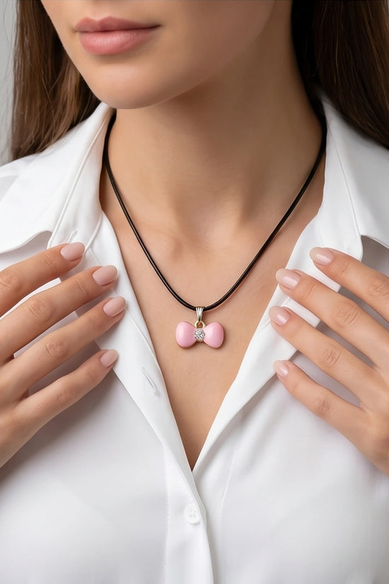Charming Pink Bowknot Enamel Pendant Necklace with Crystal Center