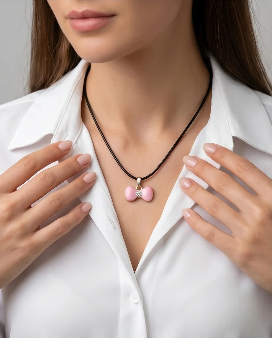 Charming Pink Bowknot Enamel Pendant Necklace with Crystal Center