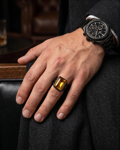 Matte Black Emerald-Cut Amber Citrine Signet Ring