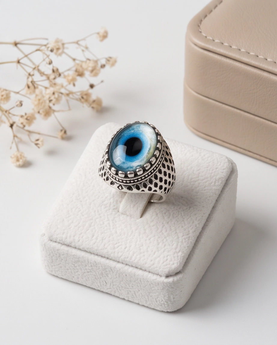 Royal Blue-Rimmed Evil Eye Cabochon Honeycomb-Band Silver Ring