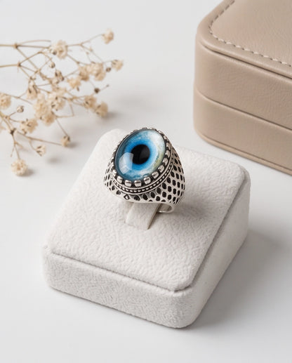 Royal Blue-Rimmed Evil Eye Cabochon Honeycomb-Band Silver Ring