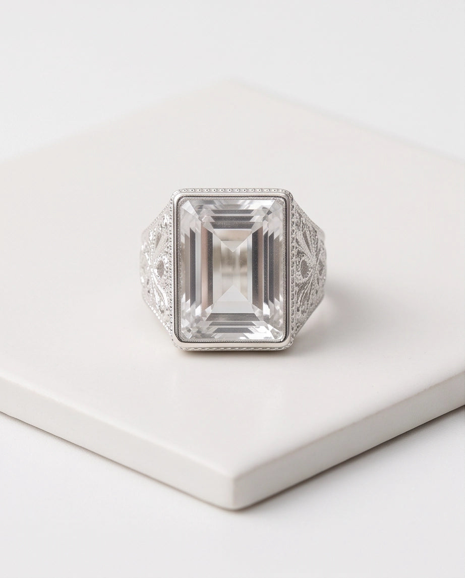 Clear Quartz Emerald-Cut Gemstone Filigree Beaded Silver Ring