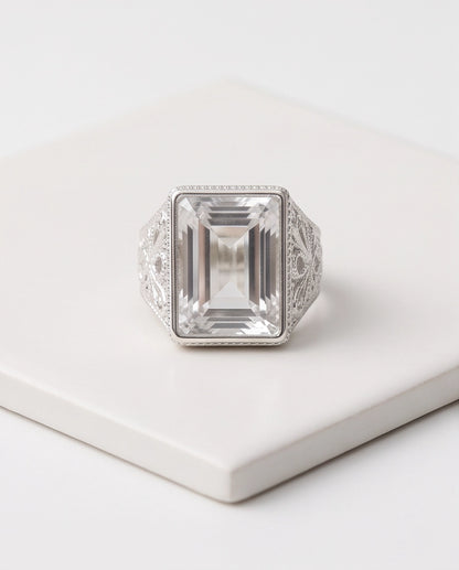 Clear Quartz Emerald-Cut Gemstone Filigree Beaded Silver Ring