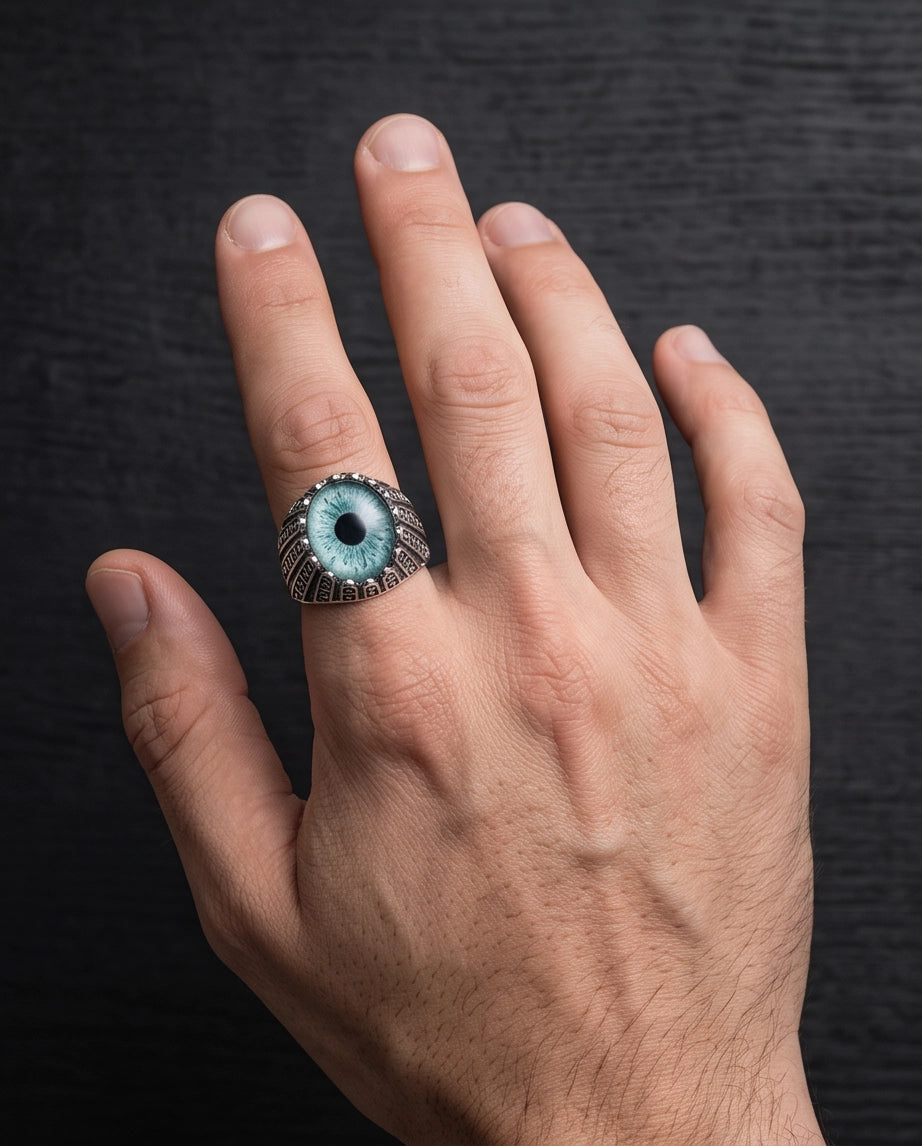Teal-Grey Evil Eye Cabochon Architectural Bezel Silver Ring