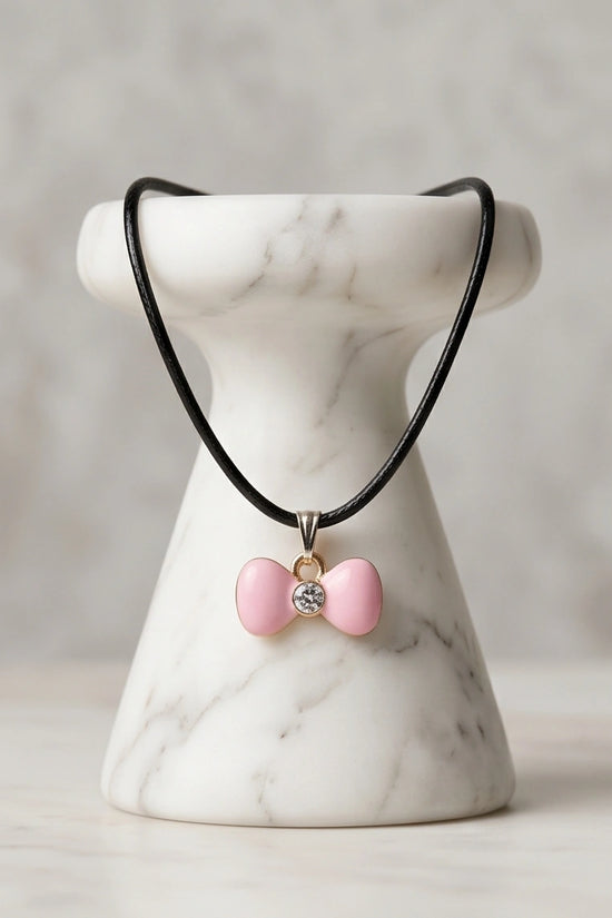 Charming Pink Bowknot Enamel Pendant Necklace with Crystal Center