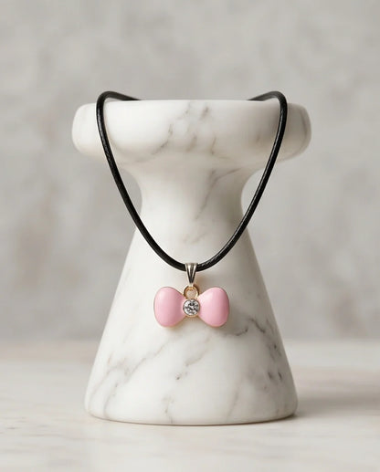 Charming Pink Bowknot Enamel Pendant Necklace with Crystal Center