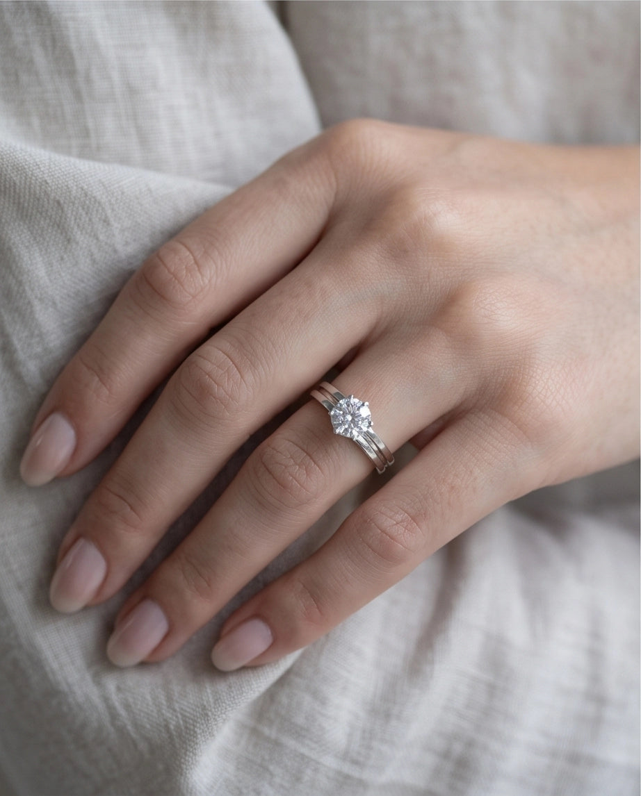 Silver Round Gemstone Grooved Solitaire Ring