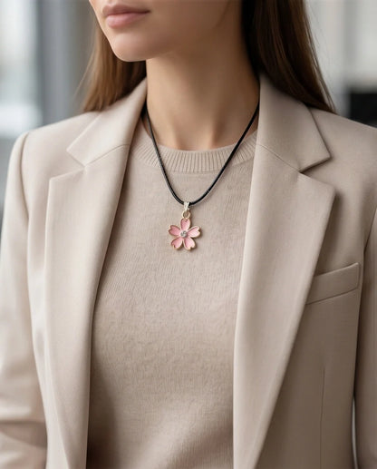 Pink Cherry Blossom Enamel Pendant Necklace with Crystal Accent