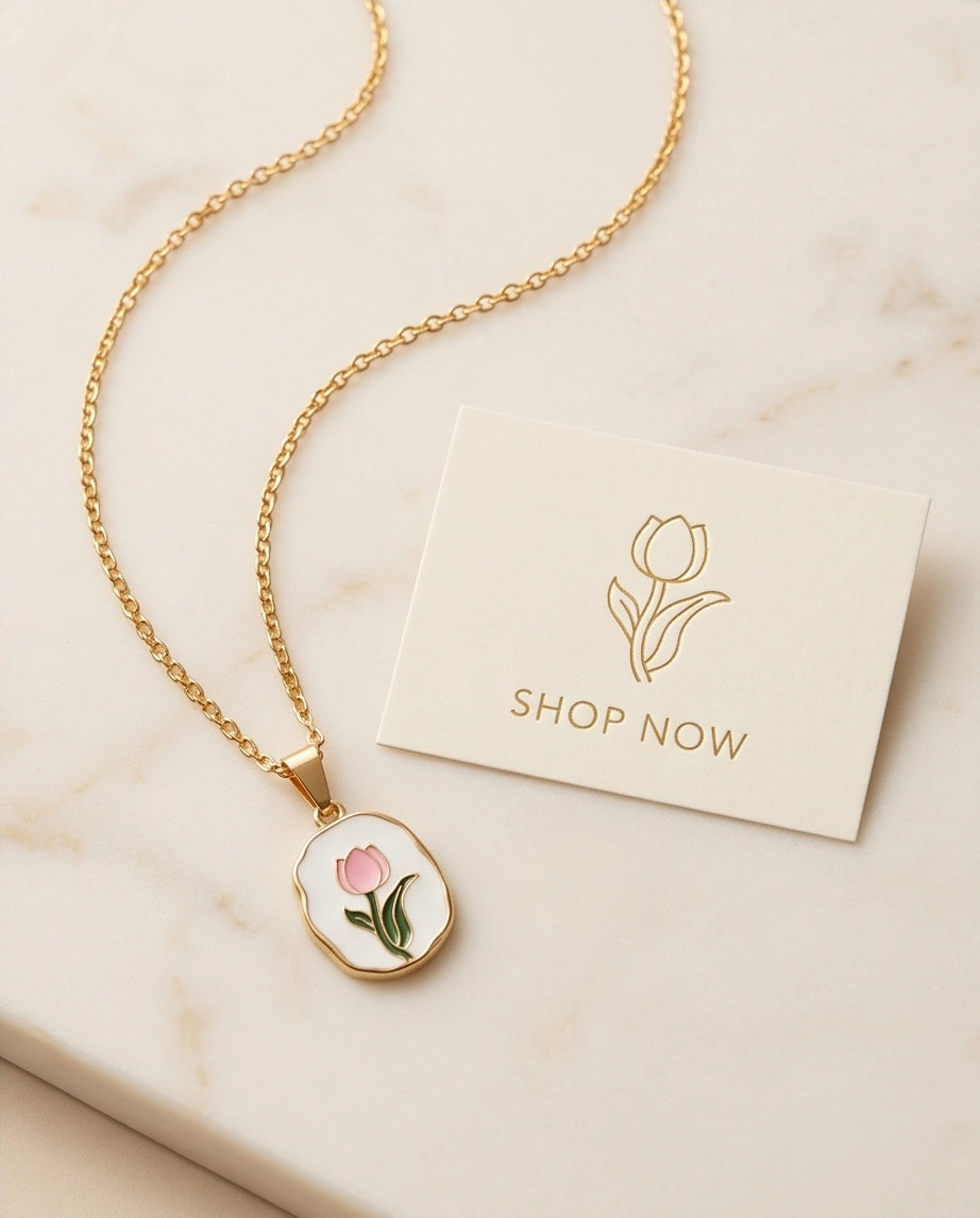 Gold Pink Tulip Enamel Medallion Chain Necklace