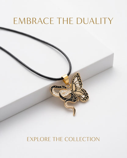 Gold Snake & Butterfly Celestial Enamel Pendant Necklace