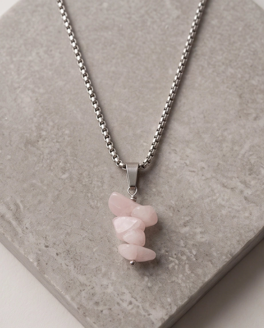 Silver Stacked Raw Rose Quartz Chip Stone Pendant Necklace