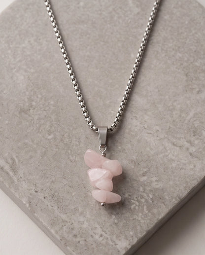 Silver Stacked Raw Rose Quartz Chip Stone Pendant Necklace