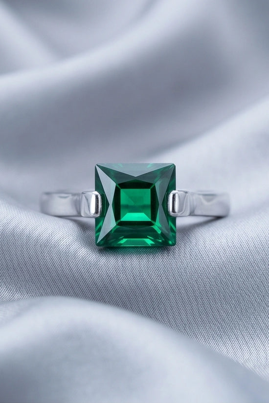 Sterling Silver Princess-Cut Deep Green Emerald Solitaire Ring