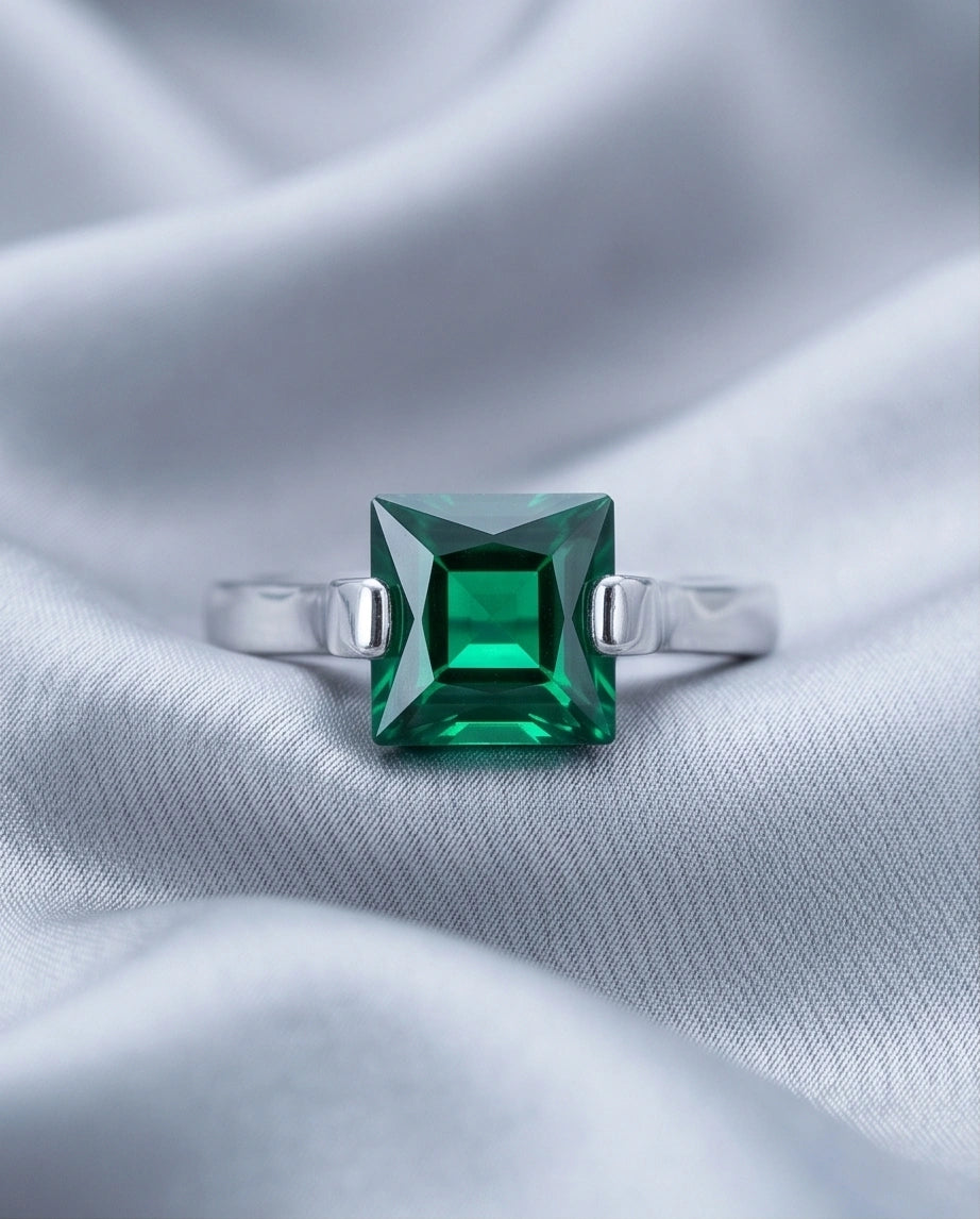 Sterling Silver Princess-Cut Deep Green Emerald Solitaire Ring