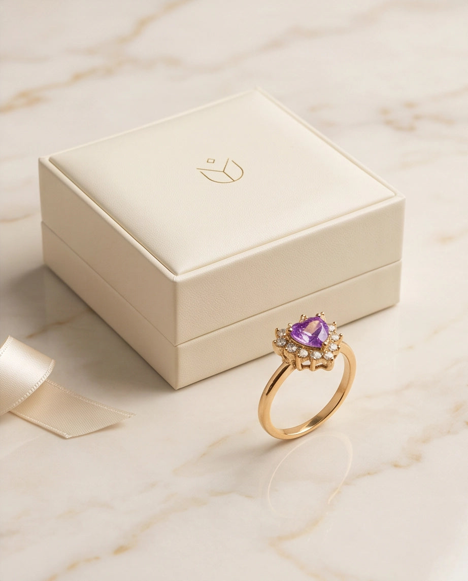 Gold Purple Heart Gemstone Halo Ring