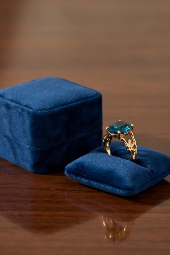Gold Plated Aqua Blue Topaz Bamboo Leaf Ring