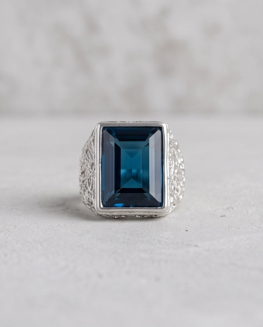 Ocean Blue Emerald-Cut Gemstone Stippled Silver Ring