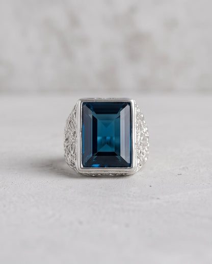 Ocean Blue Emerald-Cut Gemstone Stippled Silver Ring