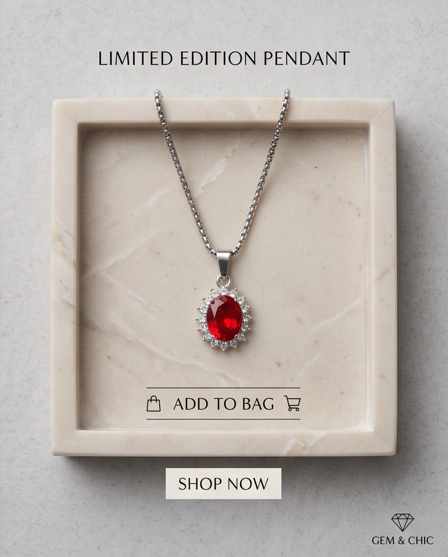 Silver Garnet Red Oval Halo Medallion Pendant Necklace