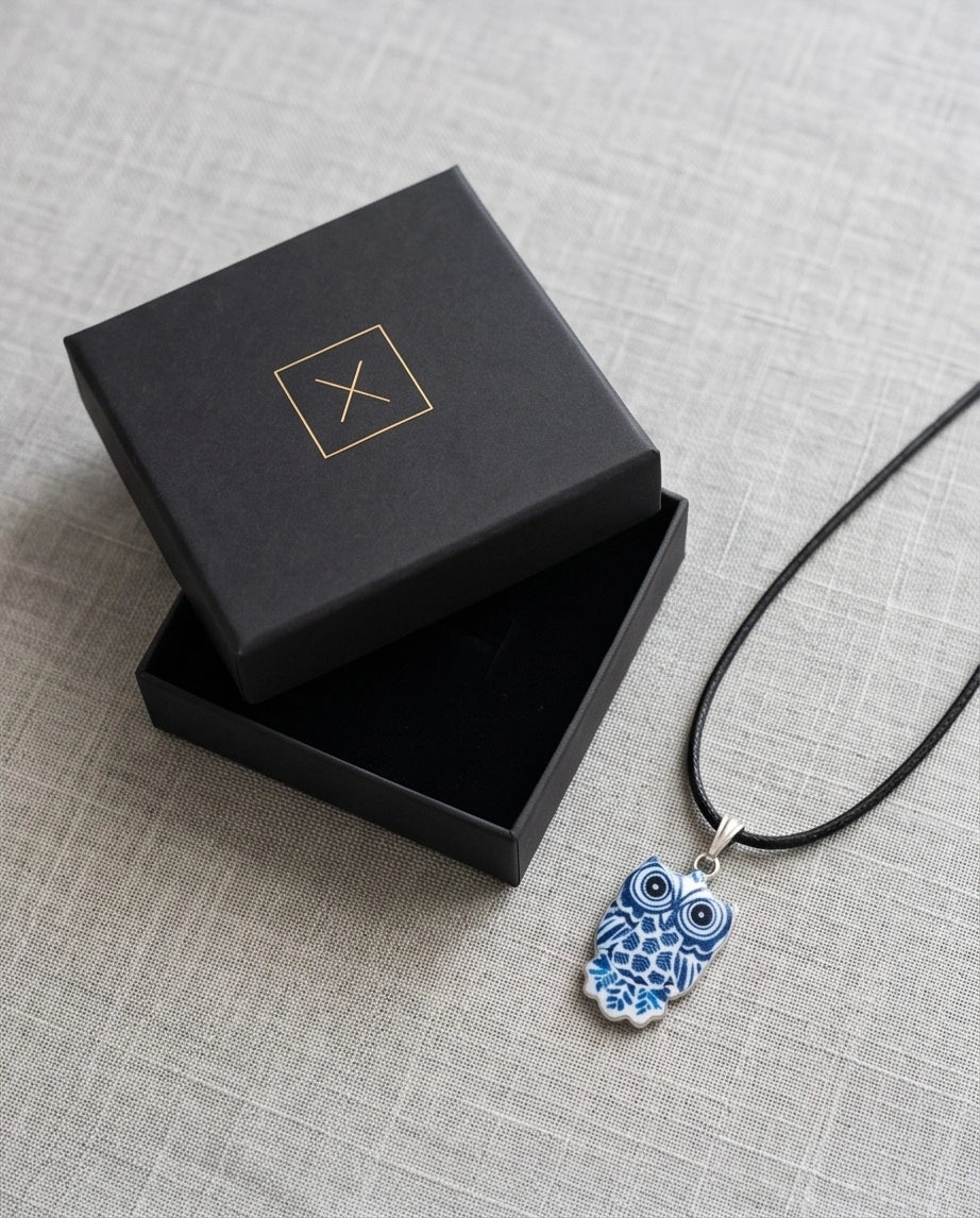 Artistic Blue Porcelain Owl Totem Pendant Necklace