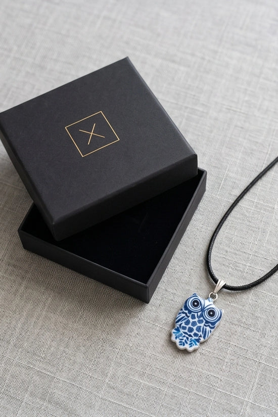 Artistic Blue Porcelain Owl Totem Pendant Necklace