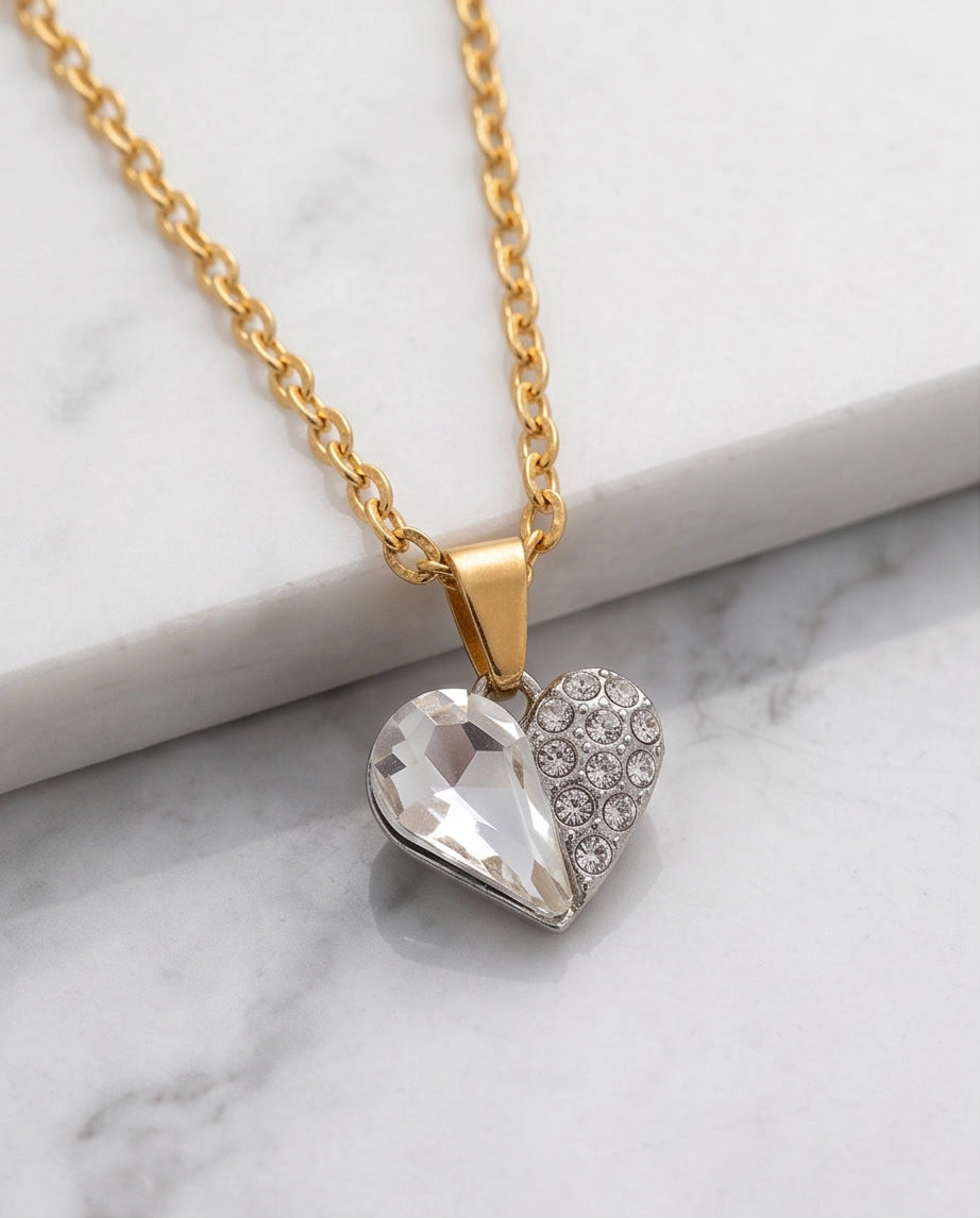 Silver Clear Crystal Heart Pavé Pendant Necklace