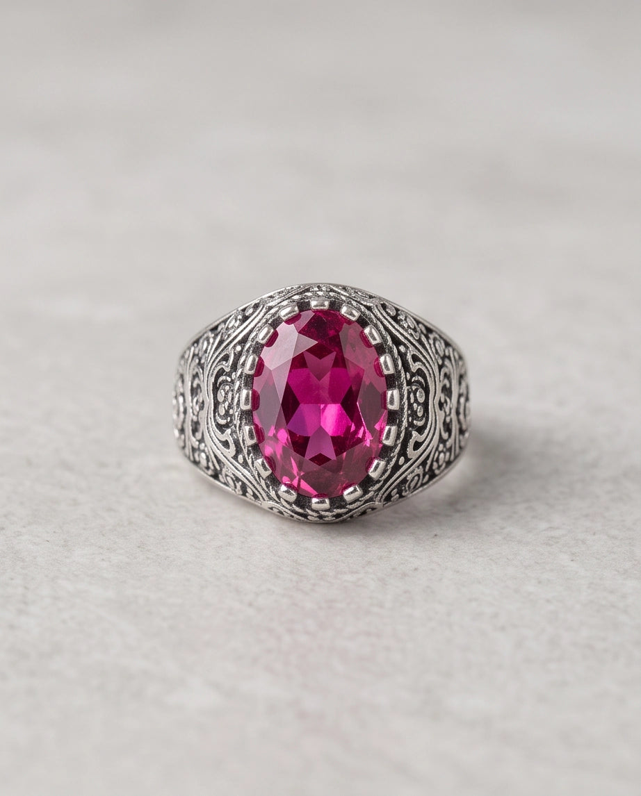 Magenta Oval-Cut Gemstone Ornate Filigree Silver Ring