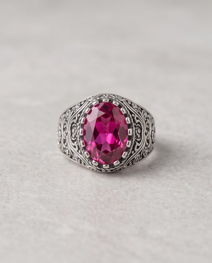 Magenta Oval-Cut Gemstone Ornate Filigree Silver Ring