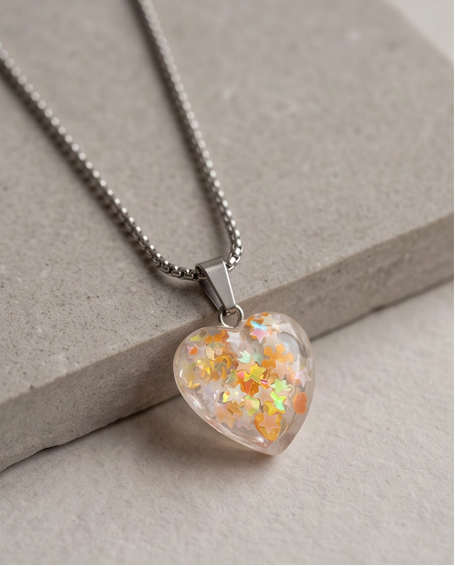 Silver Peach Orange Glitter Heart Resin Pendant Necklace