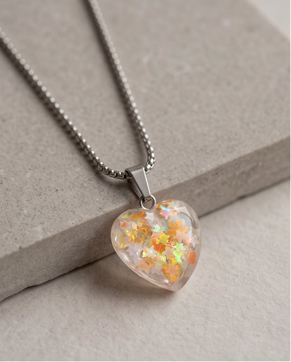 Silver Peach Orange Glitter Heart Resin Pendant Necklace
