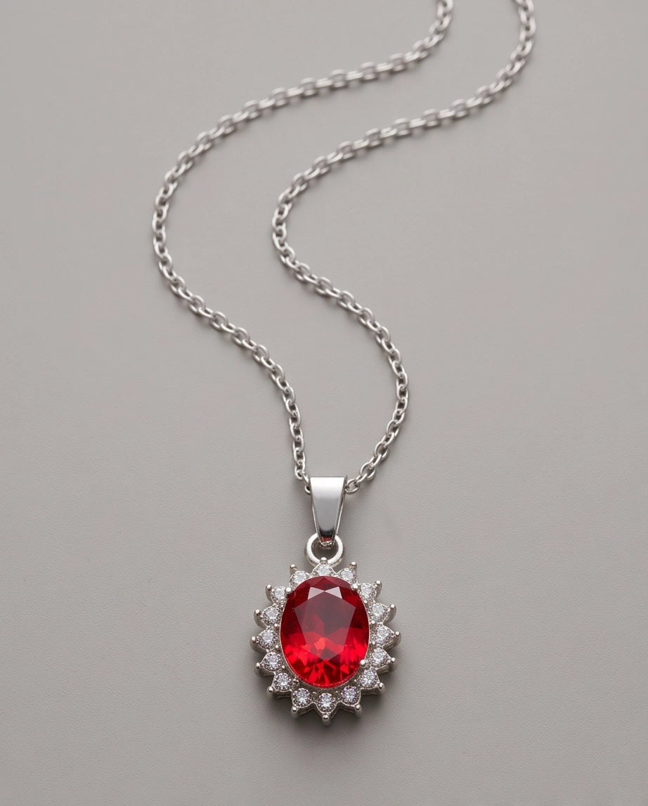 Silver Garnet Red Oval Halo Medallion Pendant Necklace