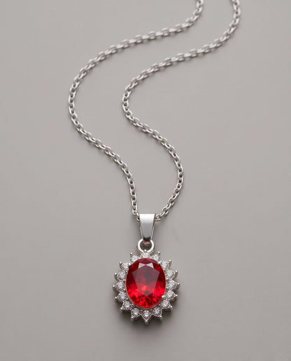 Silver Garnet Red Oval Halo Medallion Pendant Necklace