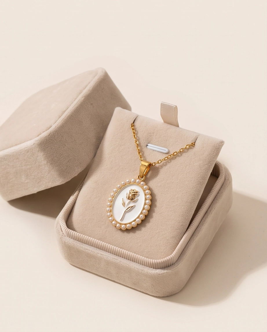 Gold Pearl Frame White Enamel Rose Oval Pendant Necklace