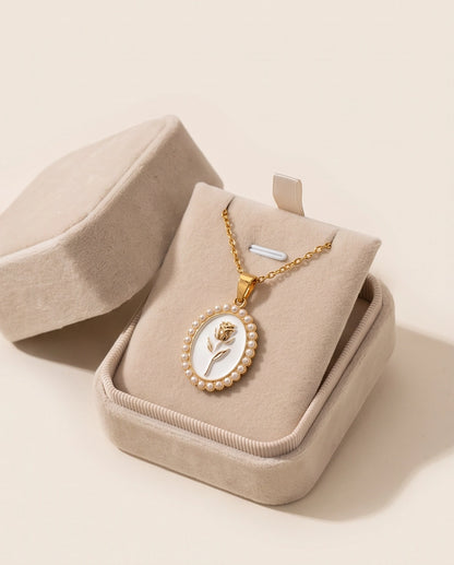 Gold Pearl Frame White Enamel Rose Oval Pendant Necklace