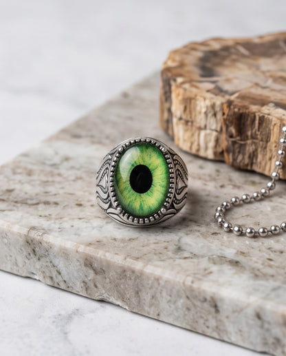 Lime-Green Elliptical-Pupil Dragon-Eye Ornate Scrollwork Silver Ring