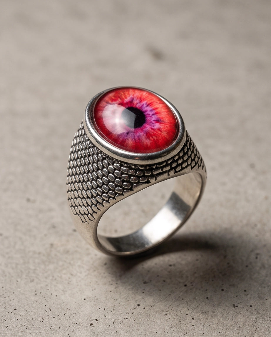 Crimson Evil Eye Cabochon Scale-Band Silver Ring