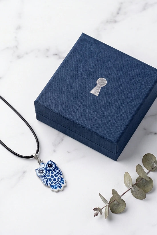 Artistic Blue Porcelain Owl Totem Pendant Necklace